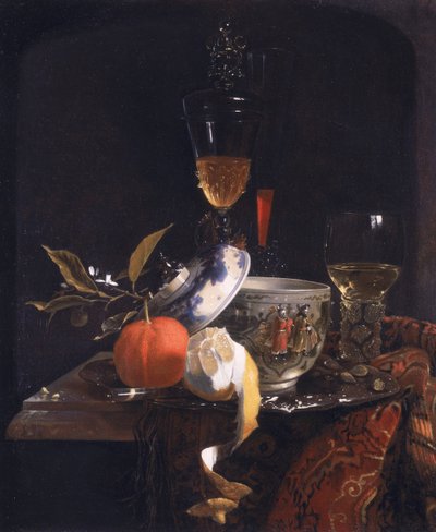 Ainda vida com açúcar chinês Jar, taça de vidro e frutas de Willem Kalf